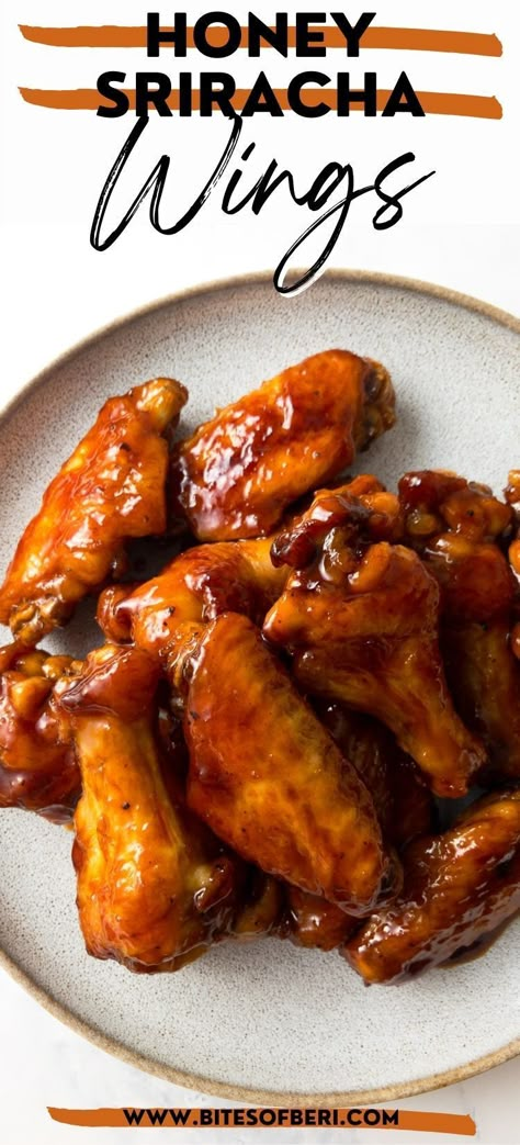 These baked honey sriracha wings are sweet, sticky, and super flavorful! They are perfect for dinner, your next party, or as a tasty snack. Honey Sriracha Wing Sauce, Honey Spicy Chicken Wings, Siracha Honey Wing Sauce, Siracha Honey Garlic Chicken, Sriracha Wing Sauce, Honey Sriracha Wings, Honey Siracha Wings, Siracha Chicken Wings, Spicy Wing Sauce