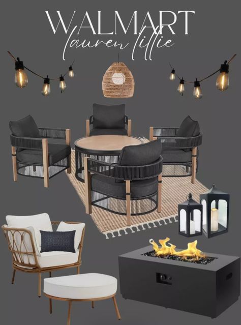 Black Modern Outdoor Furniture, Black And Wood Outdoor Patio, Walmart Backyard Ideas, Modern Back Patio Ideas, Black Wood Patio Furniture, Black Chairs With Cushions, Black Patio Cushions Outdoor, Black Rattan Patio Furniture, Black And Tan Patio Decorating Ideas