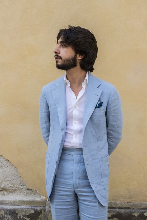 nicolaradano:    Linen suit Linen shirt no tie - damn hot in Florence. Tropical Suit Men, Linen Suits Wedding, Mens Clothing Styles Formal, Linen Wedding Suit, Coat Pant For Men, Masc Style, Linen Suit Men, Mens Formal Outfits, Classy Summer Dress