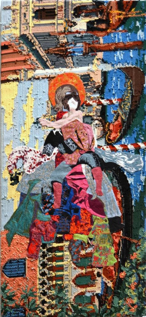 Original Women Collage by Aby Mackie | Figurative Art on Soft (Yarn, Cotton, Fabric) | Untitled 2 (I Am The Sum Total Of Everyth Textile Collage Ideas, Fabric Collage Ideas Textiles, Fabric Collage On Canvas, Textile Collage Art, Fabric Texture Art, Yarn Collage, Patchwork Textile Art, Gcse Artists, Fabric Collage Art