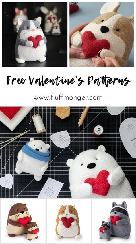 Free Valentine's Day Plush Sewing Patterns - V-Day DIY, V-Day Gifts, Valentine's Day sewing patterns, polar bear, raccoon, otter, cat, guinea pig, corgi stuffed animal Corgi Stuffed Animal, Plush Sewing Patterns, Valentines Patterns, Sewing Stuffed Animals, Beginner Sewing Projects Easy, Leftover Fabric, Free Valentine, Free Sewing Patterns, Pattern Sewing