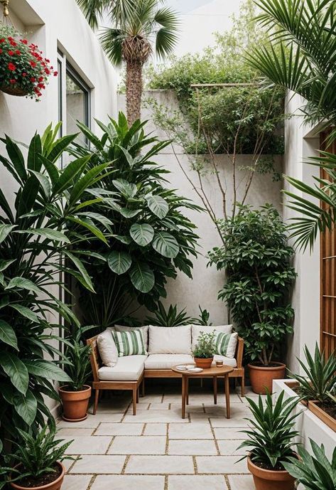 Outdoor Plant Patio Ideas, Small Green Courtyard, Garden Courtyard Ideas Small Spaces, Small Lush Garden, Back Courtyard Ideas, Modern Terrace Garden Design, Small Patio Plants, Patio Interior Pequeño, Pot Plants Outdoor Patio