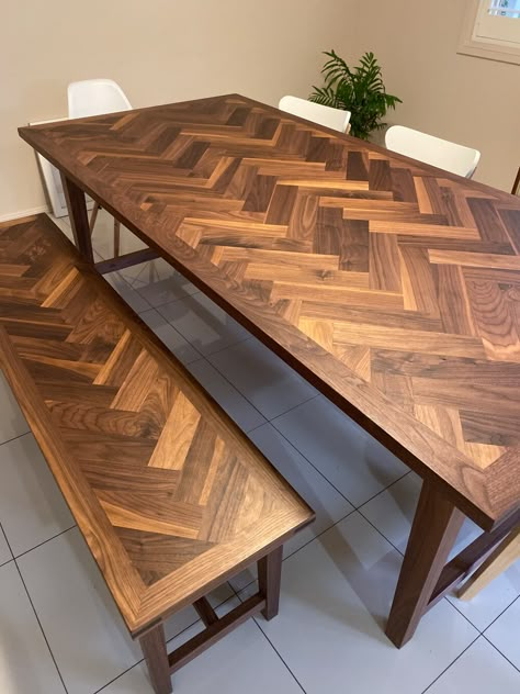 Wood Banquet Tables, Herringbone Table Dining, Herringbone Table Diy, Dining Room Farm Table, Diy Chevron Table, Parquet Table Top, Wooden Table Top Designs, Herringbone Kitchen Table, Herringbone Table Top Diy