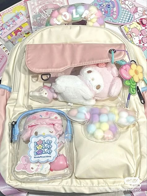 Sanrio Backpack For School, Cutecore Backpack, Melody Plushies, Practice Poses, Kawaii Picture, Kotak Bento, Sanrio Backpack, Stationary Bag, Pink Academia