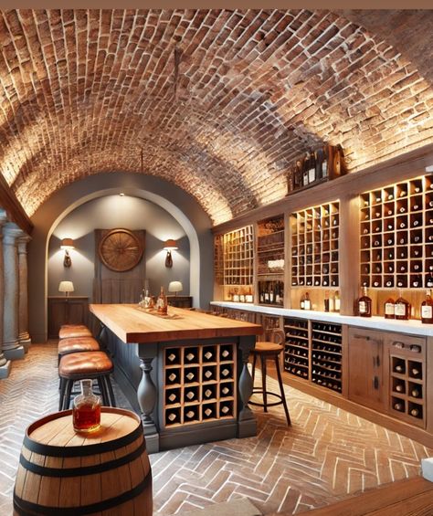 In Ground Wine Cellar, Man Cave Wine Cellar, Basement Wine Room Ideas, Tuscan Wine Cellar, Spanish Wine Cellar, Hidden Wine Room, Designer Houses Interior, Wine Cellar Tasting Room, Celler Room Ideas