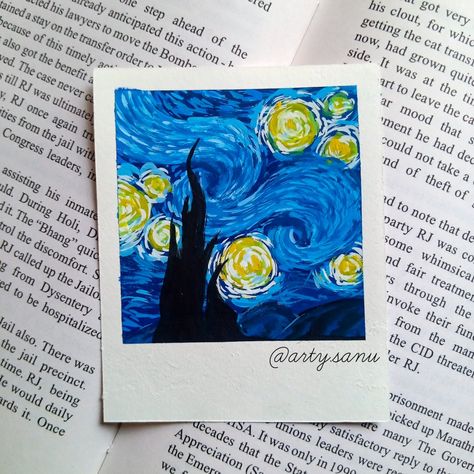 Starry Night Polaroid Painting, Diy Polaroid Drawing, Mini Starry Night Painting, Polaroid Pencil Drawing, Ploraid Aesthetic Painting, Painted Poloroid Pictures Ideas, Painting Ideas Polaroid, Polaroid Acrylic Painting, Polaroid Paintings Aesthetic