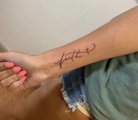 Bottom Arm Tattoo Women, Forearm Bible Tattoo Women, Inner Hand Tattoos For Women, God Tattoos For Women Forearm, Faith Tattoo Hand, Inner Wrist Tattoos For Women Unique, Basic Tattoos, Cute Hand Tattoos, Cross Tattoos For Women