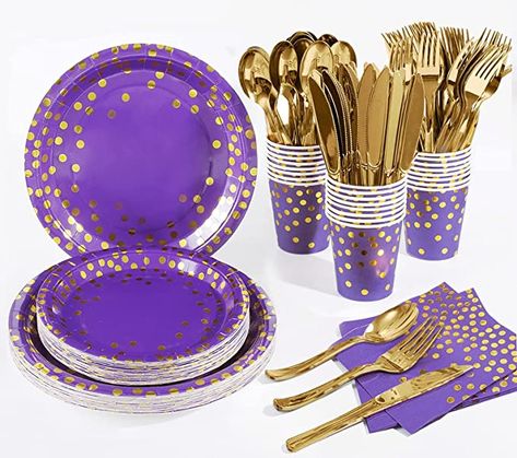 Purple Birthday Decorations, Gold Paper Plates, Lila Party, Purple Party Decorations, Purple Birthday Party, Women's Conference, Purple Paper, Retirement Party Decorations, Princess Katherine