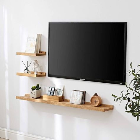 Tv Ledge Design, Shelf Under Tv On Wall, Tv Ledge, Tv Shelf Ideas, Timber Floating Shelves, Floating Shelves Tv Wall, Tv On Wall, Shelf Under Tv, Tv Wall Shelves