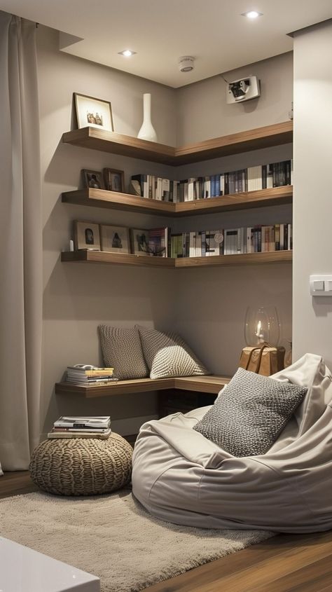 Small Living Room Ideas - Remodr Room With Mini Library, Sala Ideas Decor Small Living, Mini Living Room Decor, Mini Library In Living Room, Living Room Niche Ideas Decor, Mini House Interior Design, Home Mini Library Ideas, Mini Library Room Ideas, Living Room And Library Combo