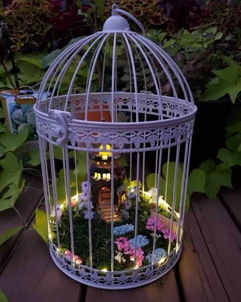 Fairy Garden Bird Cage, Birdcage Fairy Garden, Bird Cage Fairy Garden Ideas, Repurpose Bird Cage, Birdcage Ideas, Vintage Bird Cage Decor, Birdcage Light, Bird Cage Ideas, Birdcage Planter