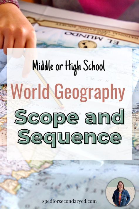 A picture of a world map with a student pointing to a country with text, "Middle School or High School World Geography Scope and Sequence" Teaching Geography High School, Homeschool World Geography High School, Middle School World Geography, Geography Lesson Plans Middle School, 5 Themes Of Geography Middle School, Geography Activities Middle School, Teaching Geography Middle School, Geography Landforms, High School Geography