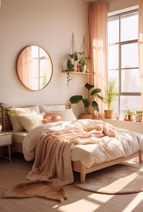 Bedroom decoration ideas, bedrooms for women are designed in a feminine, soft, cute style Womans Boho Bedroom, Feminine Aesthetic Decor, Peach Themed Bedroom Ideas, Bedroom Ideas Platform Bed, Peach And Cream Bedroom Ideas, Aesthetic Cosy Bedroom, Peachy Bedroom Aesthetic, Pink Bedroom Women, Light Peach Bedroom Walls