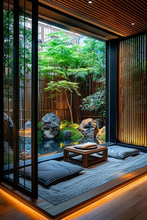 Asian Screen Decor, Japanese Garden Room, Small Atrium Ideas, Zen Garden Small Spaces, Zen Foyer, Inner Courtyard Design, Jardin Zen Interior, Zen Apartment, Tea Area