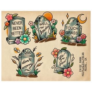 tattoo flash sheet • Instagram Neotraditional Tattoo Flash Sheet, Tombstone Tattoo, Tattoo Portfolio Ideas, Halloween Flash, Flash Sheets, Tattoo Flash Sheet, Old School Tattoo Designs, Flash Sheet, Antique Locket