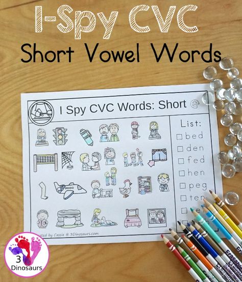 Free I Spy CVC Short Vowel Words Worksheet - 5 worksheets with CVC short vowel words and each page has one vowel sound and eight words to find - 3Dinosaurs.com #3dinosaurs #kindergarten #firstgrade #cvc #wordfamily #learningtoread #shortvowels #freeprintable I Spy Cvc Words Free, Tutoring Reading, Consonant Vowel Consonant Words, Cvc Games, Word Families Printables, Multisensory Teaching, Short Vowel Worksheets, Cvcc Words, Writing Cvc Words