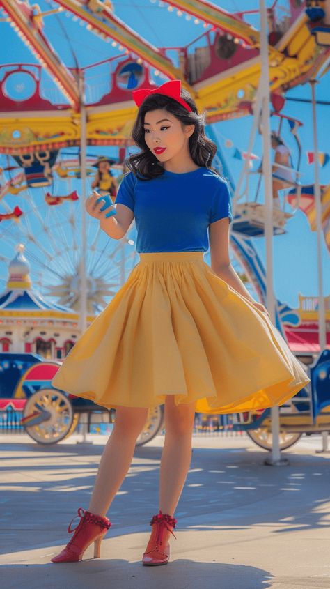 Asian woman in a blue top, yellow flair skirt, red bow, and red shoes; Disney bound outfits Red Dress Disney Princess, Snow White Casual Outfit, Cartoon Dress Up, Blue Disney Outfit, Disney Theme Outfits Women, Disney Princess Inspired Outfits Casual, Character Themed Outfits, Disney Cosplay Women, Casual Disney Princess Outfits