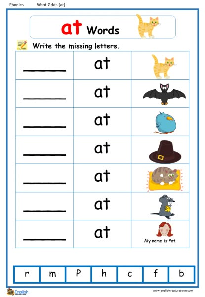 At Worksheets For Kindergarten, At Family Words Free Printable, At Words Activities, At Words Worksheets, At Family Words Worksheet, Lkg Worksheets Activities English, Phonics Activities Kindergarten, Am Words, Free Phonics Worksheets