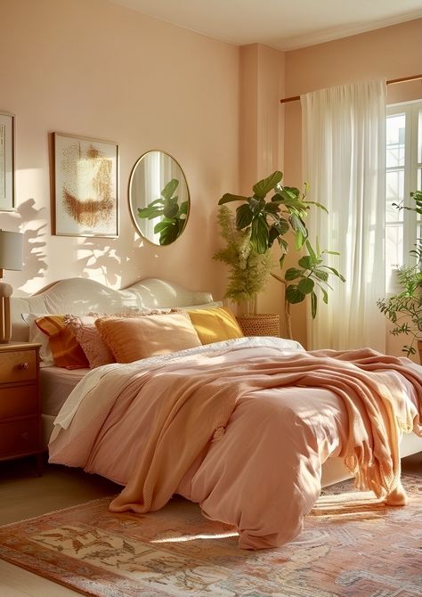 Organic Colorful Interior Design, Calming Green Bedroom Colors, Sunset Home Decor, Bedroom Decor Colourful, Light Colorful Bedroom, Peach Colored Rooms Bedrooms, Sunset Colors Bedroom, Bedroom Decor Calming, Light Orange Room Aesthetic