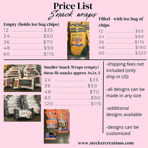 Snack wrap price list - these will be listed for online ordering at www.steckercreations.com soon - in the meantime feel free to message me or email at steckercreations@gmail.com Snack Wrap, Sweet Tables, Game Snacks, Door Prizes, Online Ordering, Sweet Table, In The Meantime, Price List, Message Me