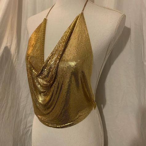 Gold metal mesh Halter top Mesh Halter Top, Top With Chain, Cheri Cheri Lady, Gold Top, Metal Mesh, Party Tops, Halter Top, Mesh Top, Gold Metal