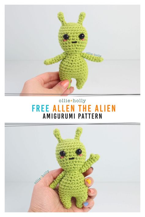 Free Allen The Space Alien Amigurumi Crochet Pattern - Ollie + Holly | Amigurumi Crochet Patterns Crochet Monsters, Crochet Geek, Crochet Animals Free Patterns, Crochet Design Pattern, Crochet Amigurumi Free, Fun Crochet Projects, Crochet Things, Fun Crochet, Halloween Crochet