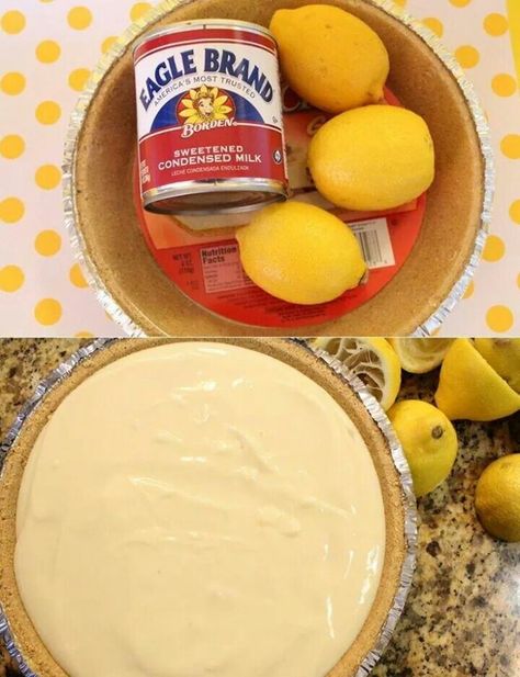 3 ingredient no bake lemon pie 3 lemons I can Eagle Brand Sweetened Condensed Milk Graham cracker crust Mix milk and lemon juice, pour in crust and refrigerate. No Bake Lemon Pie, No Bake Lemon, Lemon Icebox Pie, Lemon Pie Recipe, Icebox Pie, Condensed Milk Recipes, Eagle Brand, Lemon Pie, No Bake Pies