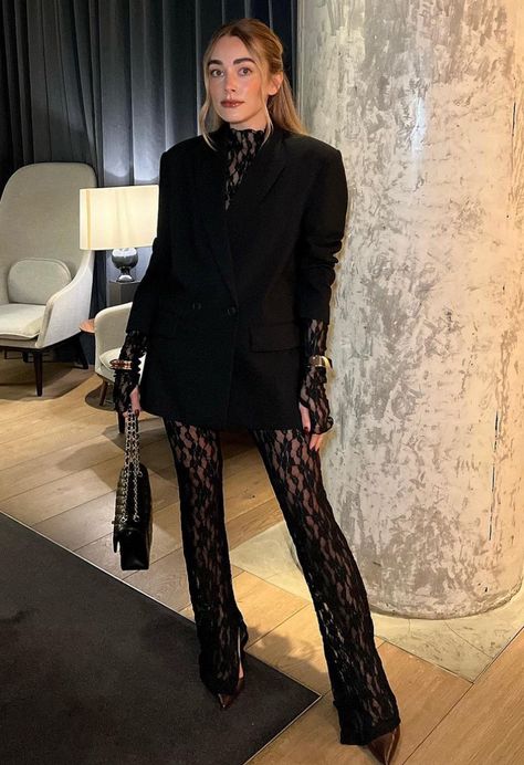 Black Blazer New Years Outfit, Hailey Bieber Lace Pants, Lace And Blazer Outfit, Blazer With Lace Bodysuit, Party Blazer Outfits For Women, Lace Top And Blazer Outfit, Blazer With Lace Pants, Lace Pants And Blazer, Sheer Trousers Outfit