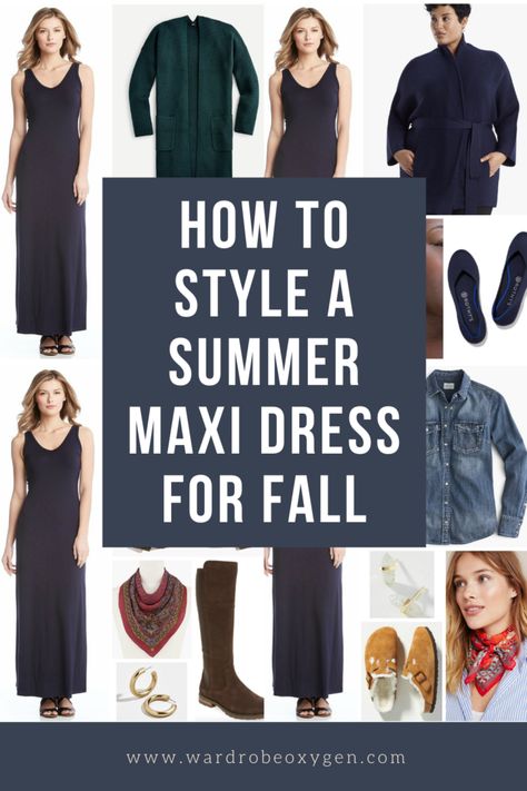 how to style a summer maxi dress for fall Long Dress In Winter How To Wear, Fall Outfits Maxi Dress, Maxi Dress In The Winter, Maxi Dress At Work, Maxi Dress In The Fall, Navy Dress Casual Outfit, Summer Dress For Winter Outfit, What To Wear Over Maxi Dress, Fall 2024 Dress Outfits