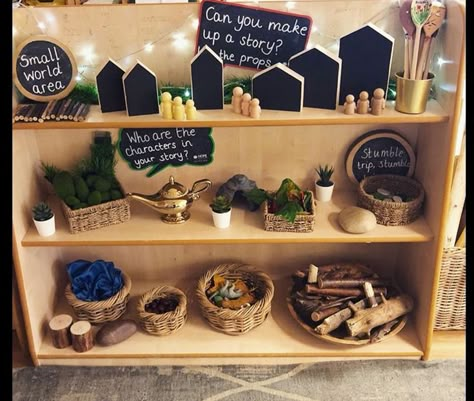 Reggio Small World Area, Reception Small World Area, Reggio Small World, Learning Provocations Classroom, Story Area Early Years, Shapes Provocations, Reggio Reading Area, Eyfs Nursery Layout, Story Corner Ideas Eyfs