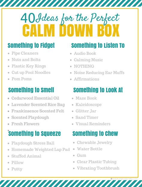 40 Ideas for the Perfect Calm Down Box Calm Down Crafts, Grounding Box Ideas, Sensory Coping Skills, Calm Box Ideas, Calming Transition Activities, Coping Skills Box, Therapy Box Ideas, Calm Down Box For Preschoolers, Calm Down Quickly