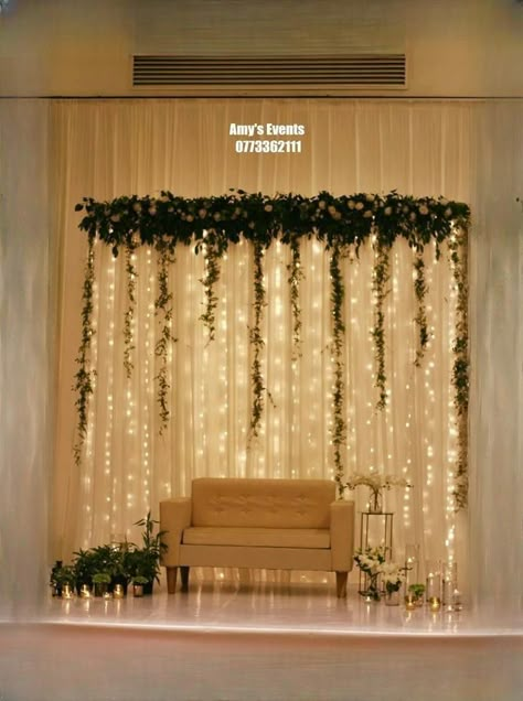 Wedding Stage Backdrop Indian, Curtain Lights Backdrop Wedding, Cocktail Party Backdrop, Wedding Backdrop Design Indoor Elegant, Engagement Backdrop Indian Simple, Engagement Decorations Indian At Home, Simple Stage Decorations Wedding Backdrop Ideas, Home Backdrop Ideas, Indian Backdrop Ideas