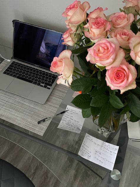 Flowers On Desk Aesthetic, Flowers On Desk At Work, Spring Studying Aesthetic, Desk Vision Board, Office Flower Arrangements, Private Practice Office, February Themes, Desk Flowers, Office Flowers