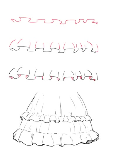 How To Draw Skirts, How To Draw A Skirt, Ruffle Reference, Skirts Drawing, Ruffles Tutorial, Draw Ruffles, Drawing Skirt, Skirt Drawing, Formal Skirts