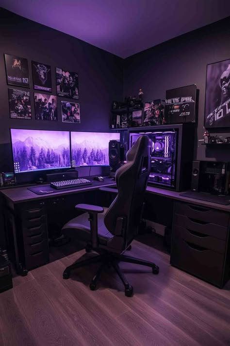 A stylish gamer setup with dark furniture, purple LED lighting, dual monitors, and a gaming chair, creating an immersive gaming environment. Room Setup For Men, Dark Gaming Room, Gaming Pc Desk Setup, Small Gamer Bedroom, Room Design For Men, Small Game Room Ideas, Gaming Setup Bedroom, Gaming Room Setup Ideas, Small Room Setup