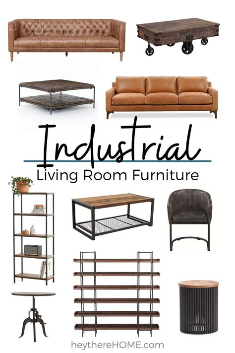 Want to add an industrial vibe to your decor? What to look for and where to buy industrial living room furniture. @heytherehome.com Industrial Living Room Furniture, Industrial Farmhouse Living Room, Modern Industrial Living Room, Industrial Decor Living Room, Industrial Living Room Design, Industrial Style Living Room, Industrial Living Room, Living Room Industrial, Industrial Room