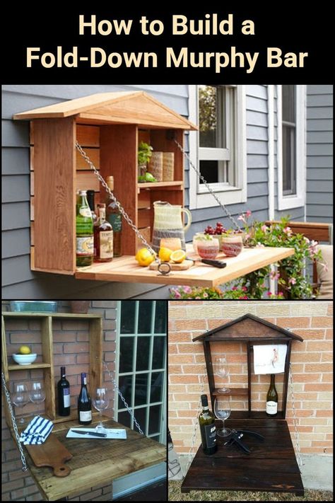 Outdoor Murphy Bar, Murphy Countertop, Murphy Bar Indoor, Outdoor Bar Tops, Wall Mounted Bar Cabinet, Fold Out Bar, Outdoor Bar Ideas Backyards, Bar Ideas Outdoor, Outdoor Bar Chairs