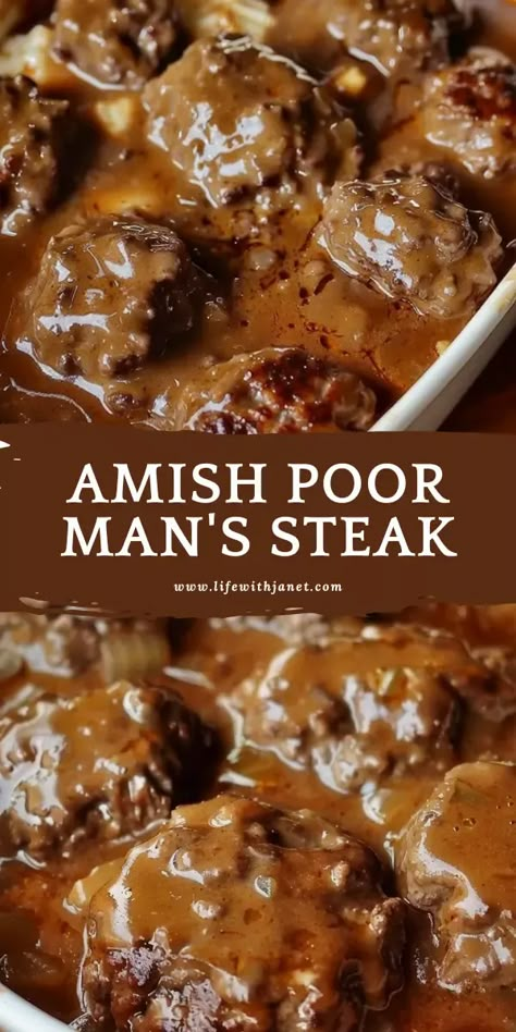 Amish Poor Man's Steak Quick Dinners With Hamburger Meat, Best Family Meals Easy Dinners, Baked Supper Ideas, Amish Poor Man’s Steak Recipe, Poor Dinner Ideas, Great Ground Beef Recipes, Amish Country Poor Man Hamburger Steak, Ground Beef Cheap Dinner, Heavy Meals Dinners