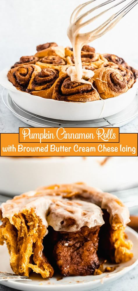 Soft and fluffy Pumpkin Cinnamon Rolls are filled with a gooey cinnamon/pumpkin spice brown sugar filling and topped with a yummy browned butter cream cheese icing! These are a MUST add to your fall baking list! via. queensleeappetit.com #cinnamonrolls #cinnamonbuns #pumpkin #pumpkinspice #pumpkinrecipes #breakfast #easy Pumpkin Cinnamon Rolls In Bread Machine, Brown Butter Pumpkin Cinnamon Rolls, Pumpkin Brioche Cinnamon Rolls, Pumpkin Butter Cinnamon Rolls, Pumpkin Cinamonroll, Butter Cream Cheese Icing, Gourmet Cupcake Recipes, Gourmet Cupcake, Cinnamon Roll Icing