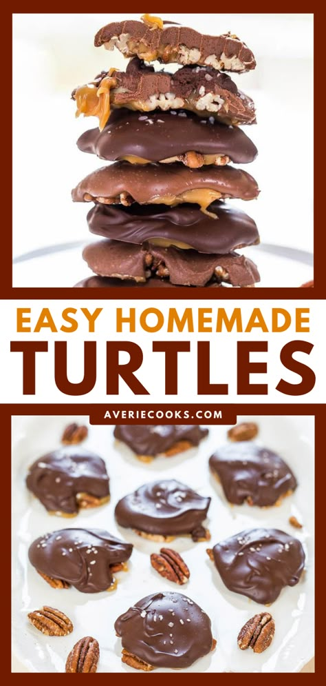 Homemade Chocolate Turtles (with Pecans & Caramel!) - Averie Cooks Pecan Turtles Recipe, Homemade Turtles, Turtle Recipe, Chocolate Turtle, Averie Cooks, Chocolate Turtles, Candy Recipes Homemade, Christmas Candy Recipes, Caramel Pecan