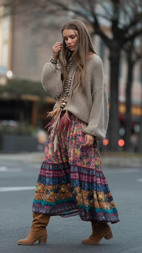 Her colorful, free-spirited Bohemian style immediately catches the eye. Our recipe for boho-chic involves a bright printed maxi skirt, loose-knit jumper, brown knee-high boots, with beads, feathers, and woven pieces as garnish. A trend you shouldn't miss in 2024 Boho Winter Aesthetic, Boho Aesthetic Outfit Winter, Boho Street Style 2024, Boho Long Skirt Outfit, Bohemian Winter Outfits Boho Chic, Boho Winter Outfits Bohemian, Boho Winter Clothes, Bohemian Outfits Summer Boho Chic, Bohemian Winter Style