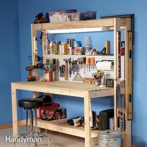 This DIY workbench is simple enough and cheap enough that you can make it in a morning, and yet it's big enough for serious woodworking and hobby projects. Building A Workbench, Workbench Plans Diy, The Family Handyman, Diy Workbench, Garage Work Bench, Workbench Plans, Horse Gear, Workshop Organization, Diy Holz