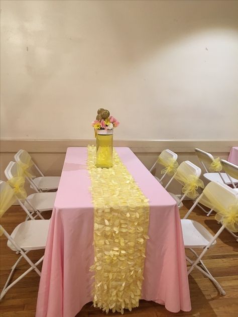 Pink tablecloths with yellow runners and Minnie Mouse centerpieces Pink And Yellow Decorations, Pink And Yellow Decor Party Ideas, Yellow And Pink Party, Pink And Yellow Party Decorations, Pink And Yellow Graduation Party, Pink And Yellow Sunflower Party, Yellow Graduation Party, Pink And Yellow Themed Birthday Party, Pink And Yellow Birthday Party