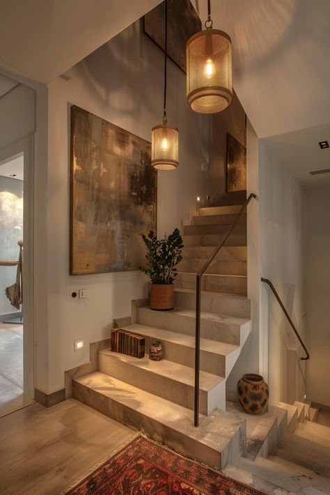 Apartment Staircase, Aesthetic Staircase, Staircase Concrete, Modern Spanish Revival, Artsy Home, Metal Handrail, Warm Minimalism, Interior Staircase, Cinematic Lighting