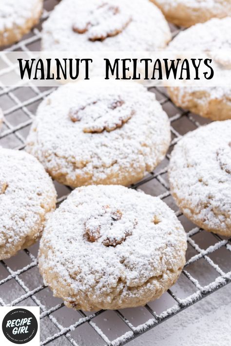 Walnut Meltaways recipe from RecipeGirl.com #walnut #meltaways #cookies #recipe #RecipeGirl Italian Walnut Pillow Cookies, Easy Walnut Cookie Recipes, Walnut Christmas Cookies, Walnut Cookies Christmas, Meltaways Cookies, Walnut Cookies Recipe, Cookies With Walnuts, Walnut Cookie Recipes, Holiday Baking List