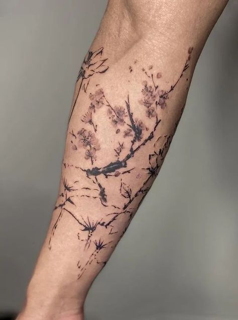 Stylish and Unique Cherry Blossom Tattoo Design For The Arms Aesthetic Sleeve Tattoo Men, Cherry Blossom Men’s Tattoo, Tattoo Designs Patchwork, Cherry Blossom Tree Tattoo Men, Simple Full Arm Tattoo, Arm Flower Tattoo Men, Tree Tattoo Men Leg, Branch Tattoo Men, Handtattoo Ideas