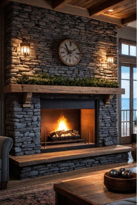 Colorado Stone Fireplace, Rustic Fireplaces Stone, Stacked Rock Fireplace Makeover, Hearth Stone Fireplace, Fireplace Ideas Classic, Country Farmhouse Fireplace Ideas, Fireplace Dark Stone, New Home Fireplace Ideas, Fireplace With Low Ceiling