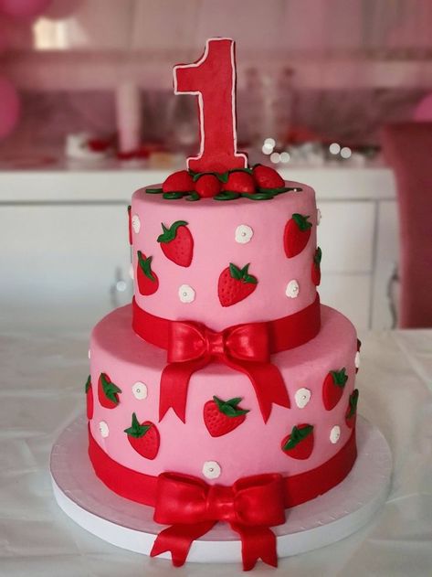 Pink 1st Birthday Party Ideas, Sweet One Birthday Cake Strawberry, Very First Birthday, Pink Strawberry Birthday Cake, Pink Strawberry Party, Berry First Birthday Party Diy, Sweet One First Birthday Cake Strawberry, Strawberry Cake Ideas Birthdays, 1st Strawberry Birthday