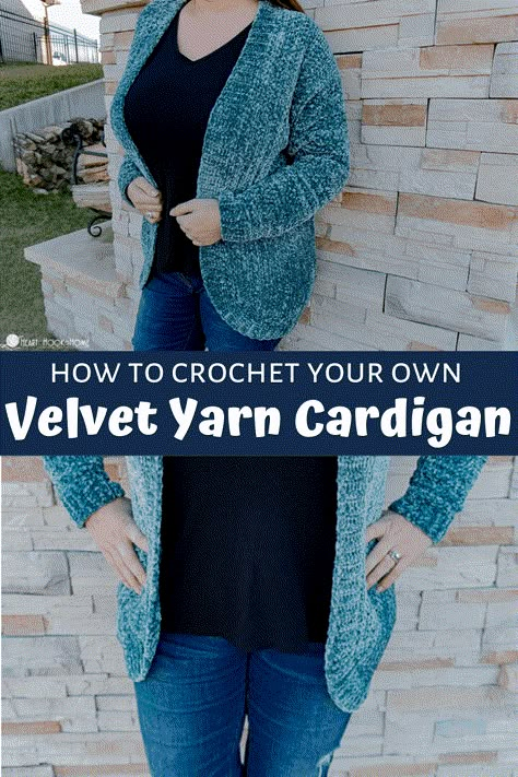 Velvet is everywhere you look right now. Making your own velvet cardi is way more fulfilling than buying a velvet cardigan off the rack, and cheaper, too! Crochet Velvet Cardigan Free Pattern, Crochet Velvet Yarn Projects, Velvet Yarn Knitting Patterns, Velvet Crochet Patterns, Velvet Yarn Projects, Crochet Velvet Yarn, Crochet Cardigan Pattern Free Women, Crochet Apparel, Yarn Clothes