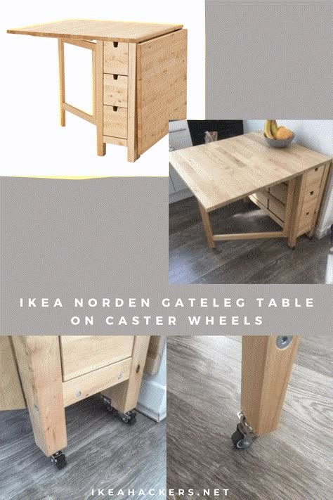 IKEA NORDEN Gateleg Table made mobile. Get the right wheels for the job of moving this 100lb table. Norden Table Wheels, Small Dining Room Hacks, Norden Table Hack, Ikea Norden Table Hack, Ikea Gateleg Table, Norden Ikea, Ikea Norden Table, Norden Table, Ikea Norden